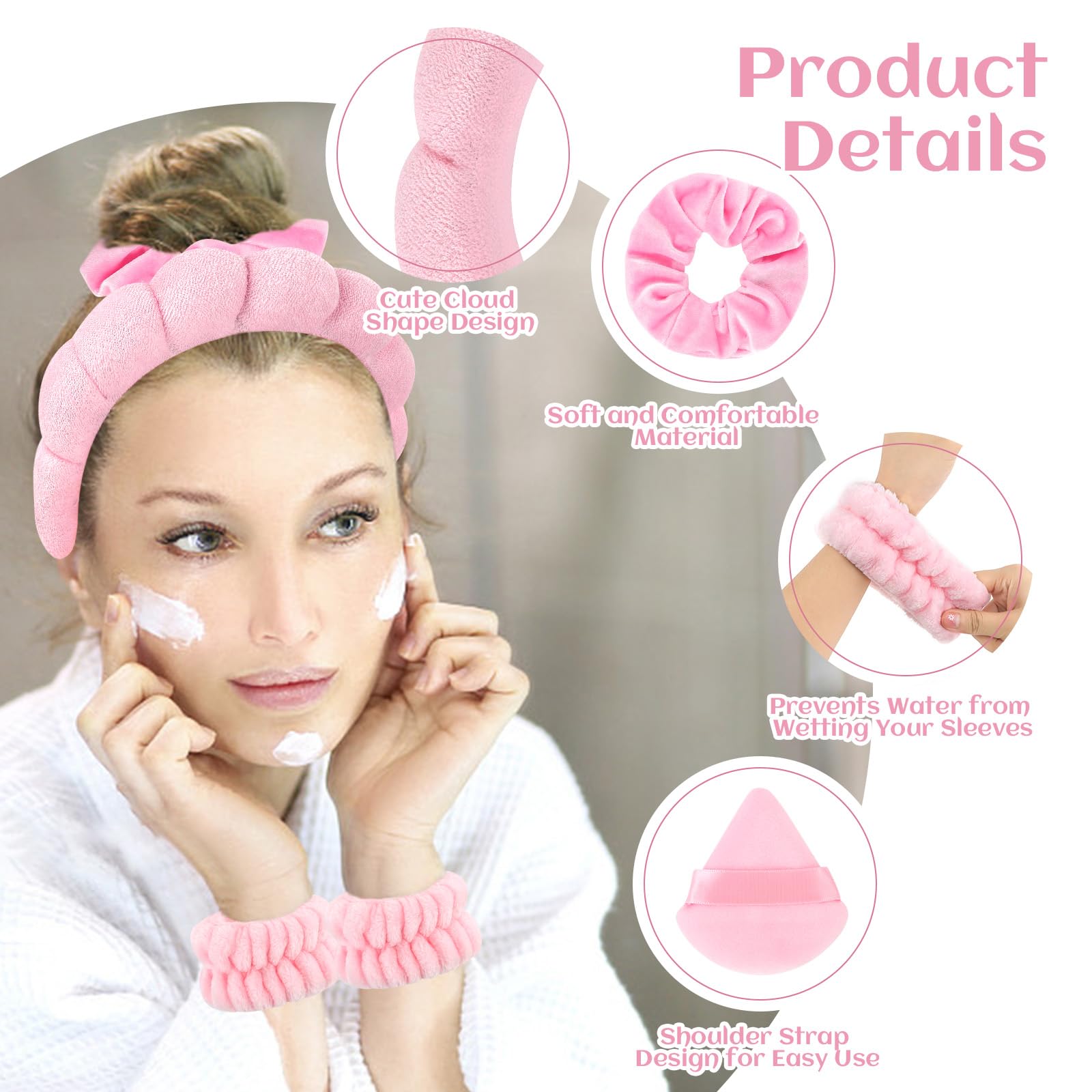 Araluky Spa Headband Set, 7Pcs Puffy Terry Cloth Headband and Wristband for Skincare, Makeup, Yoga, Shower, Spa Party, Sleepover Party, Pink