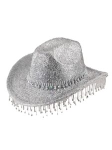 qwinee cowboy hat for adult wide brim solid color western cowboy hat with fringed rhinestone novelty funny party cowgirl hat silver one-size