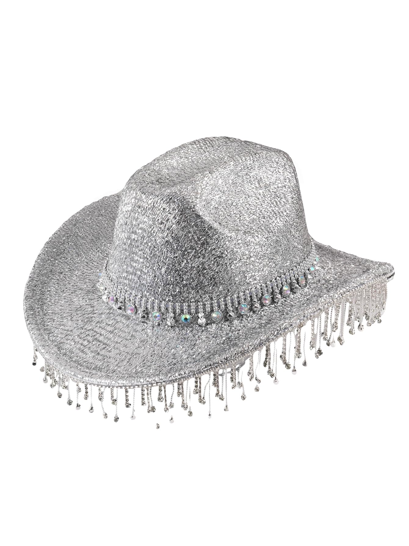 QWINEE Cowboy Hat for Adult Wide Brim Solid Color Western Cowboy Hat with Fringed Rhinestone Novelty Funny Party Cowgirl Hat Silver one-Size