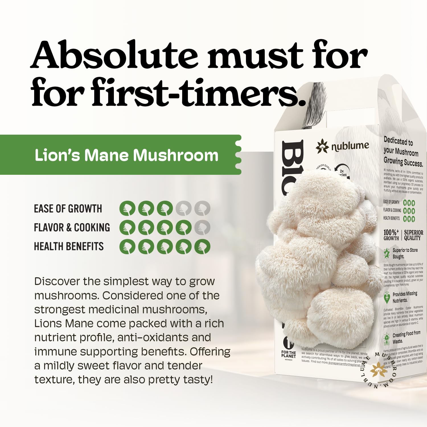 NuBlume Organic Lion's Mane Mushroom Grow Kit | Grow Your Own Fresh Gourmet Mushrooms at Home | Edible Indoor Mushroom Growing Kits Great Gift