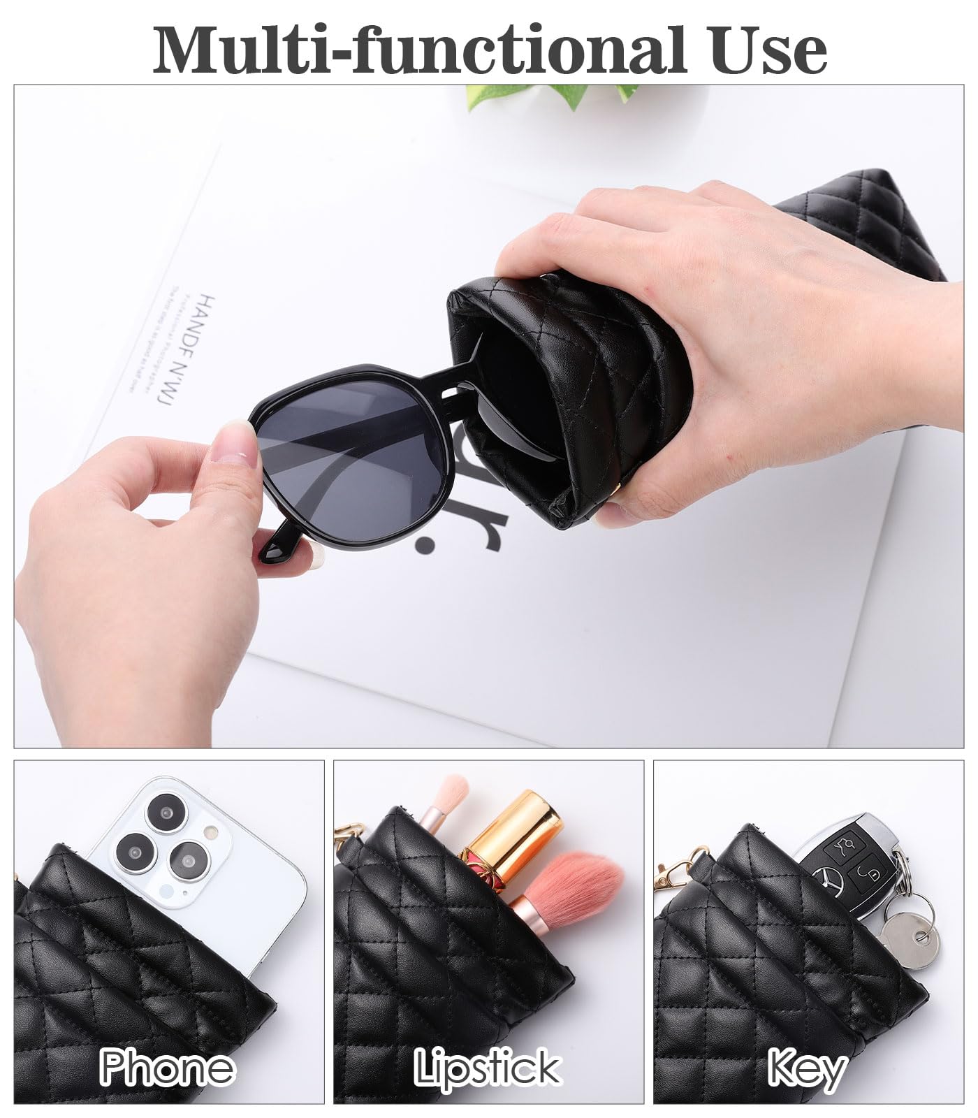 MoKo Double Eyeglasses Pouch with Carrying Strap, Soft PU Leather Large Squeeze Top Portable Sunglass Case with Cleaning Cloth for Women Men, Black