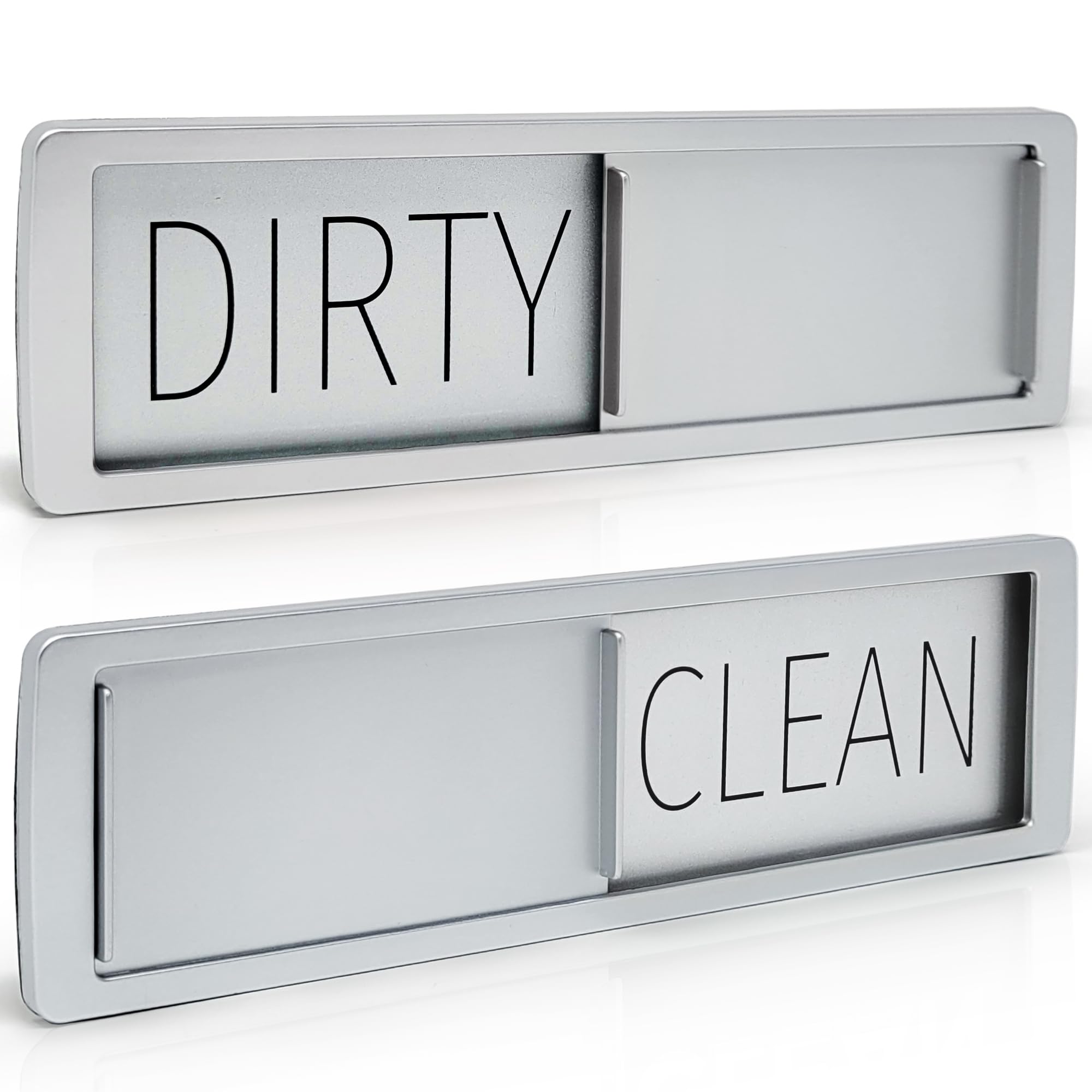 MIMILU Dishwasher Magnet Clean Dirty Sign by Stackd - Easy to Read & Slide Non-Scratching Strong Magnet Indicator w. Optional Adhesive Stickers. Simple Yet Stylish, Large Slim Letters (Silver Black)