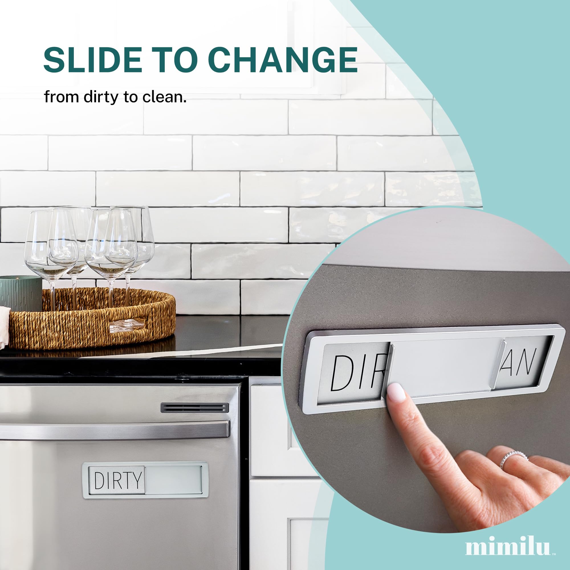 MIMILU Dishwasher Magnet Clean Dirty Sign by Stackd - Easy to Read & Slide Non-Scratching Strong Magnet Indicator w. Optional Adhesive Stickers. Simple Yet Stylish, Large Slim Letters (Silver Black)