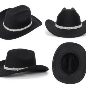 Five Rows Rhinestones-Cowboy-Cowgirl-Hat - Roll Wide Brim Western-Hat for Wedding Music Costume Party (Fit for M-L) Black