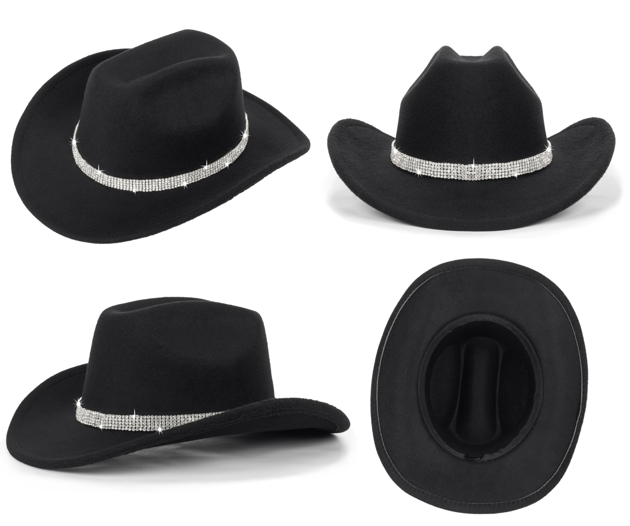 Five Rows Rhinestones-Cowboy-Cowgirl-Hat - Roll Wide Brim Western-Hat for Wedding Music Costume Party (Fit for M-L) Black