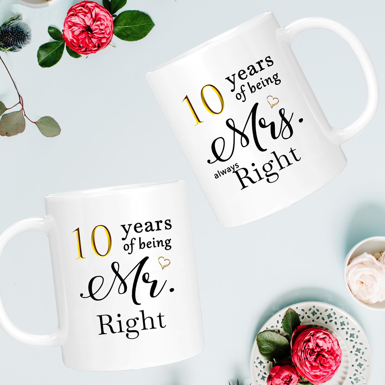 10th Wedding Gifts for Couple, 10th Anniversary Ideal Gifts for Wife Husband Parents Couple Grandparents, 10 Year Anniversary Engagement Gifts for couple, 10th Anniversary Coffee Mug Set of 2, 11oz