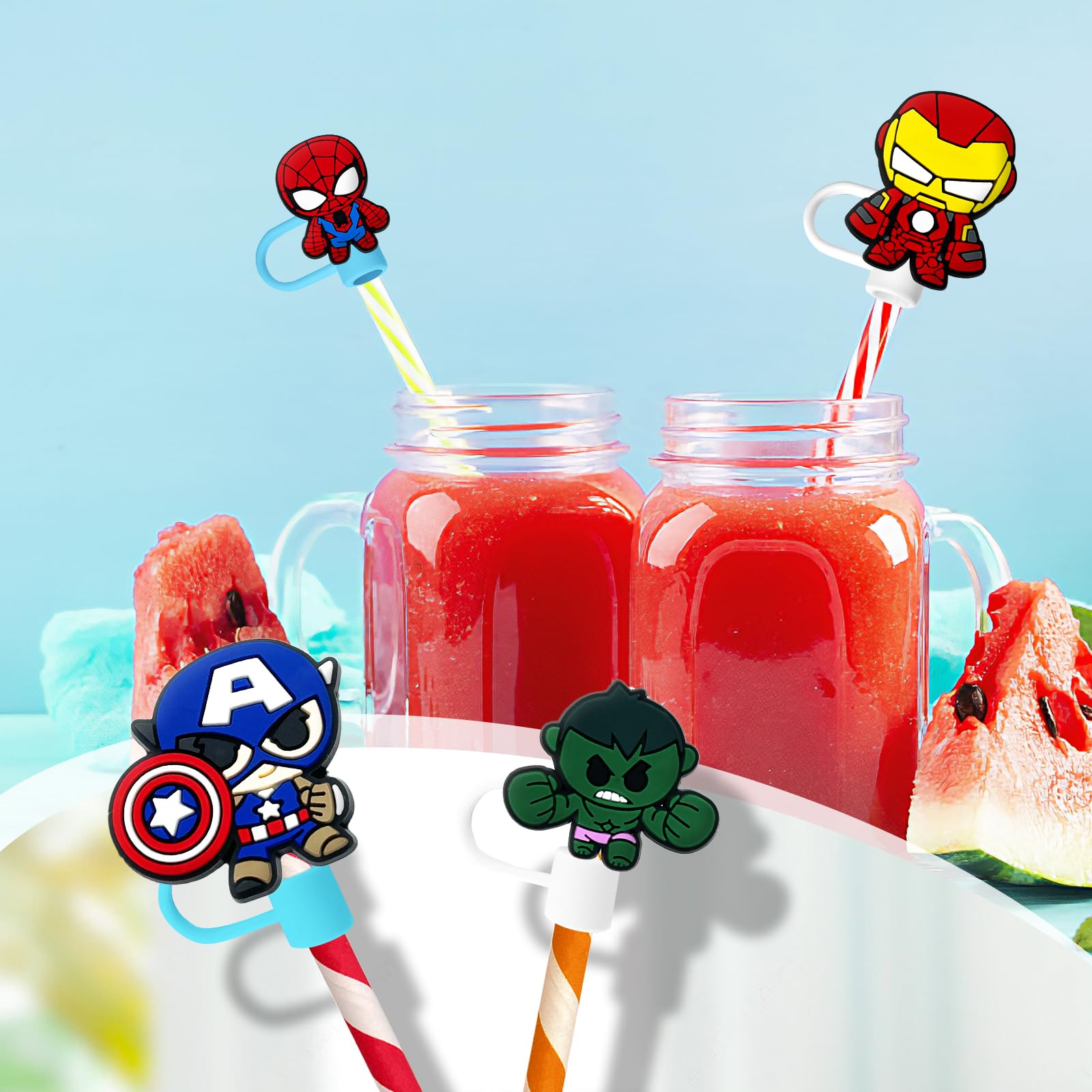 8Pcs Straw Covers Cap for Tumblers, Cute Cartoon Straw Topper, Silicone Straw Tip Covers for Drinking Straws (8Pcs Hero 8mm 7L)