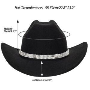 Five Rows Rhinestones-Cowboy-Cowgirl-Hat - Roll Wide Brim Western-Hat for Wedding Music Costume Party (Fit for M-L) Black