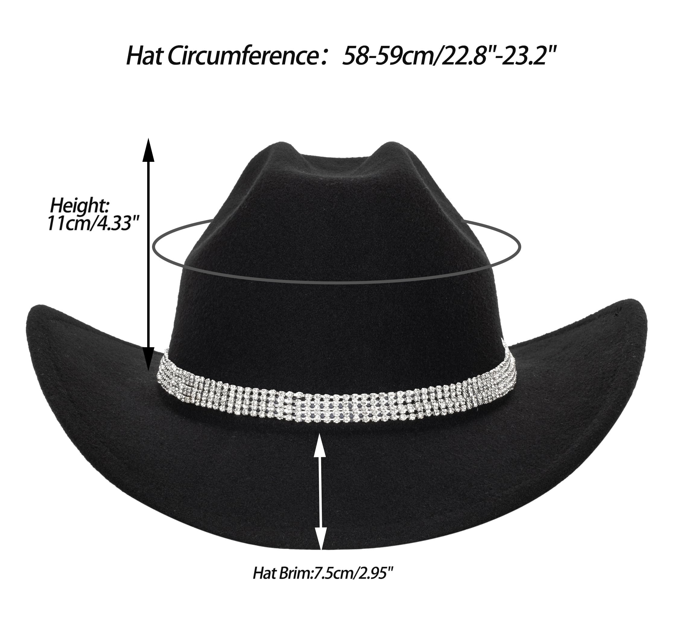 Five Rows Rhinestones-Cowboy-Cowgirl-Hat - Roll Wide Brim Western-Hat for Wedding Music Costume Party (Fit for M-L) Black