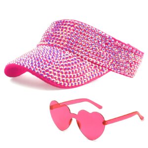 Sparkling Rhinestone Visor Hat for Women, Adjustable Sun Visor with Heart Party Sunglasses, Perfect for Golf, Disco, and Cowgirl Style (Hot Pink)