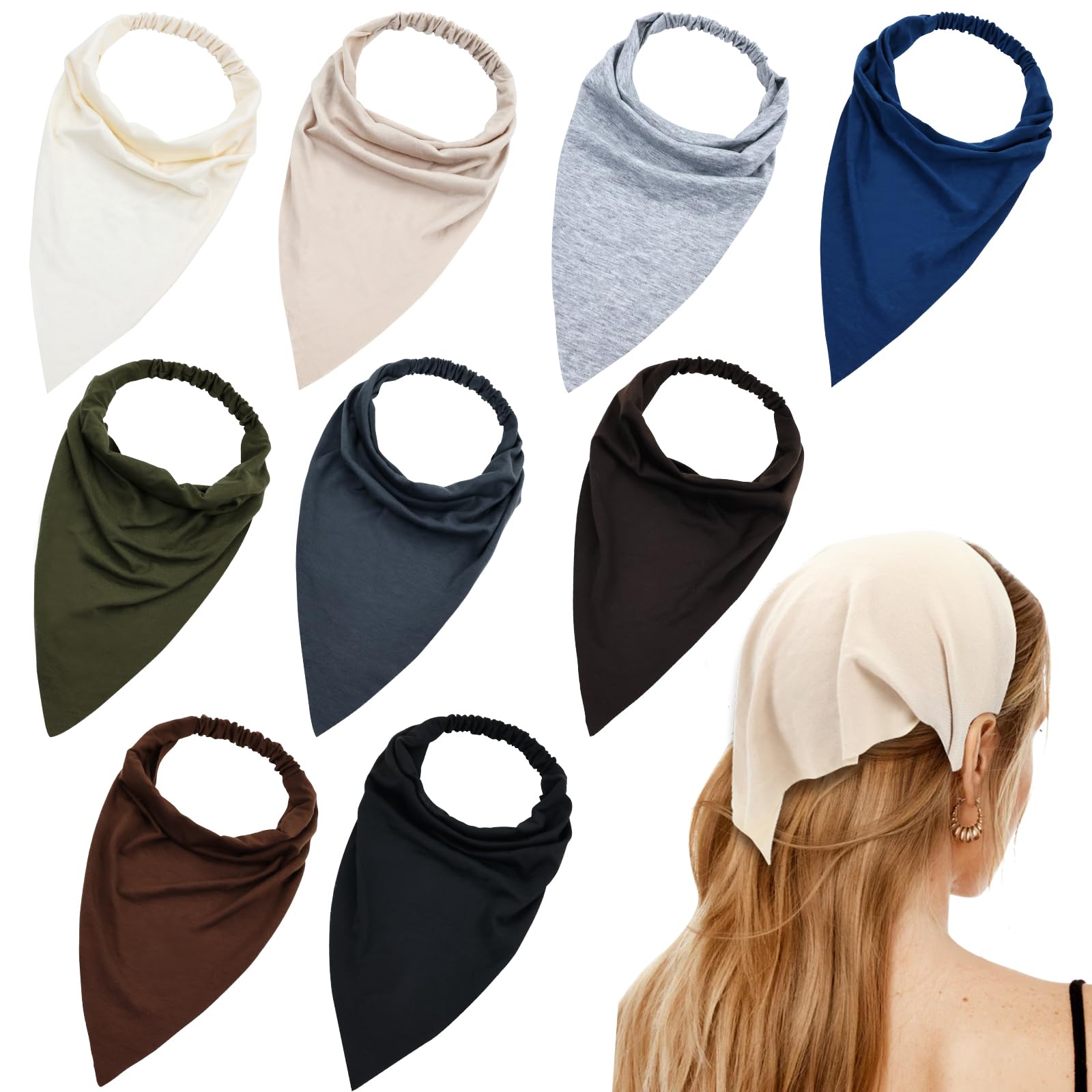 Lawie 9 Pack Solid Large Cotton Triangle Head Scarf Elastic Hair Bandana Headbands Plain Silk Head Coverings Neck Scarves Wraps Blank Headscarf Kerchief Bulk for Women