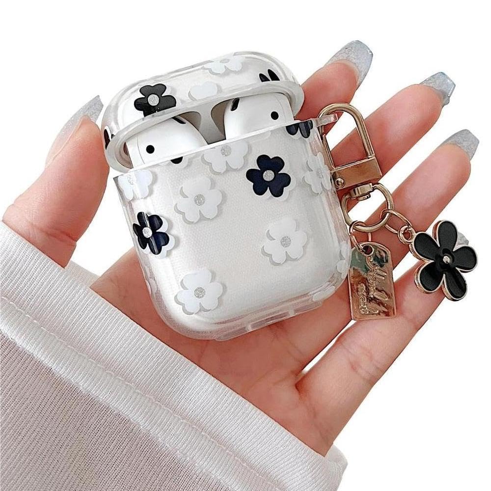 MINSCOSE Compatible with AirPods 1/2 Clear Case,Cute Cartoon Flower Pattern Design with Floral Keychain, Soft TPU Protective Shockproof Case for AirPod 1&2 for Girls Women-Black