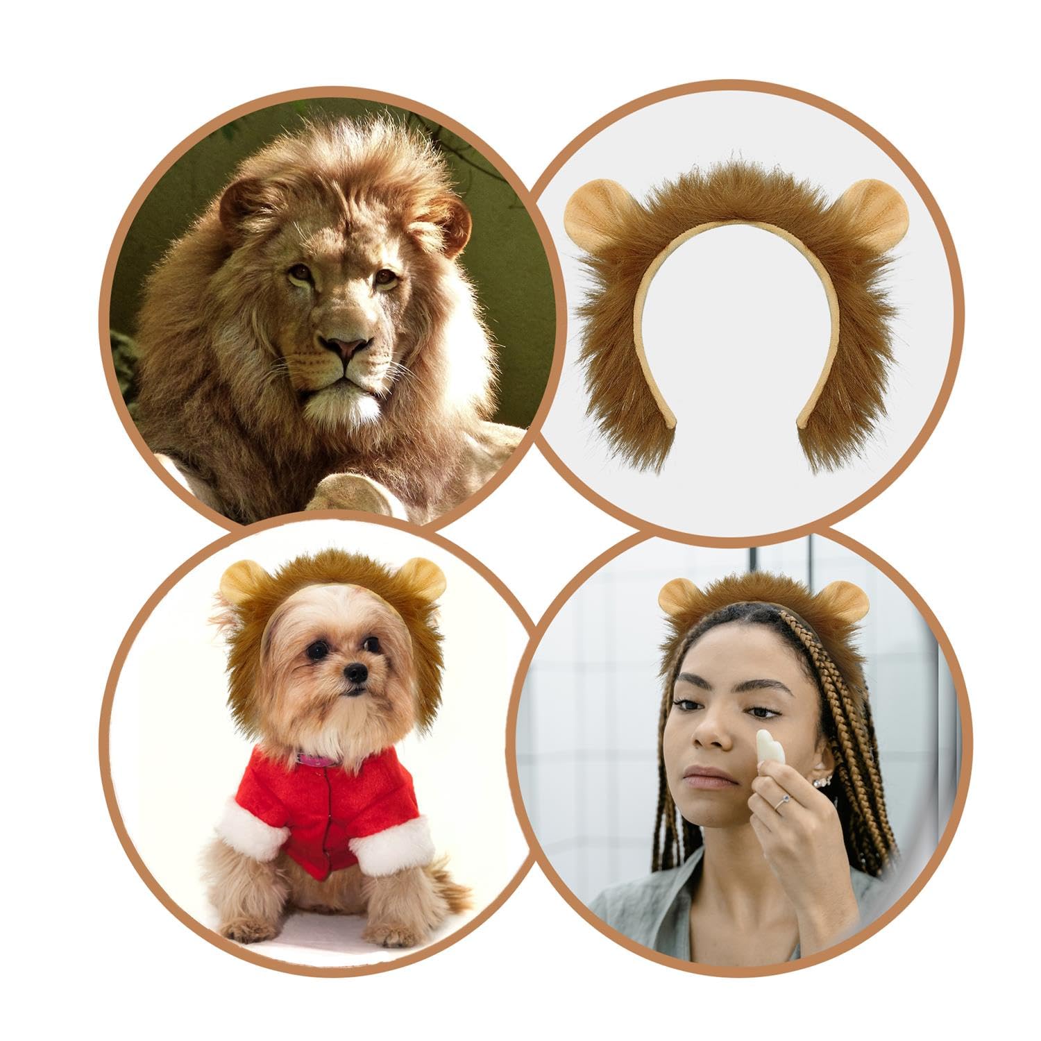 SIOTMERA Lion Ears Headband-4Pack Lion Costume for Adult, Plush Realistic Animal Ears and Horn, Halloween Cosplay Birthday Washing Face Makeup Animal Theme Party Accessories for Adult