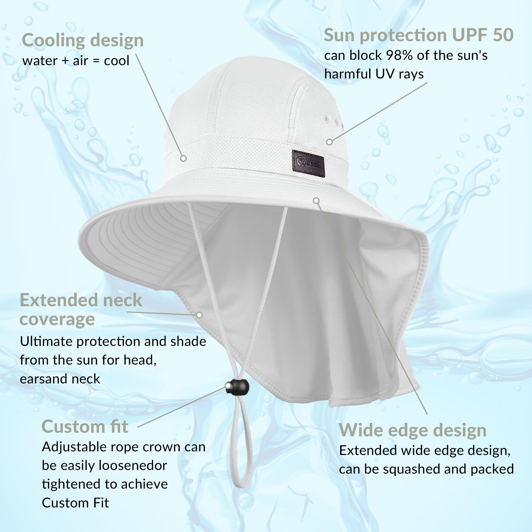 Sukeen Cooling Sun Hat for Men Women UPF50+ Wide Brim Fishing Hat with Neck Flap Adjustable Foldable Bucket Hat for Hiking White