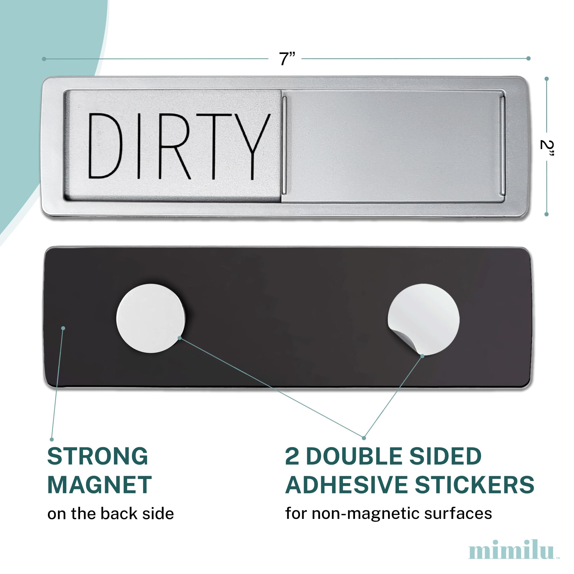 MIMILU Dishwasher Magnet Clean Dirty Sign by Stackd - Easy to Read & Slide Non-Scratching Strong Magnet Indicator w. Optional Adhesive Stickers. Simple Yet Stylish, Large Slim Letters (Silver Black)