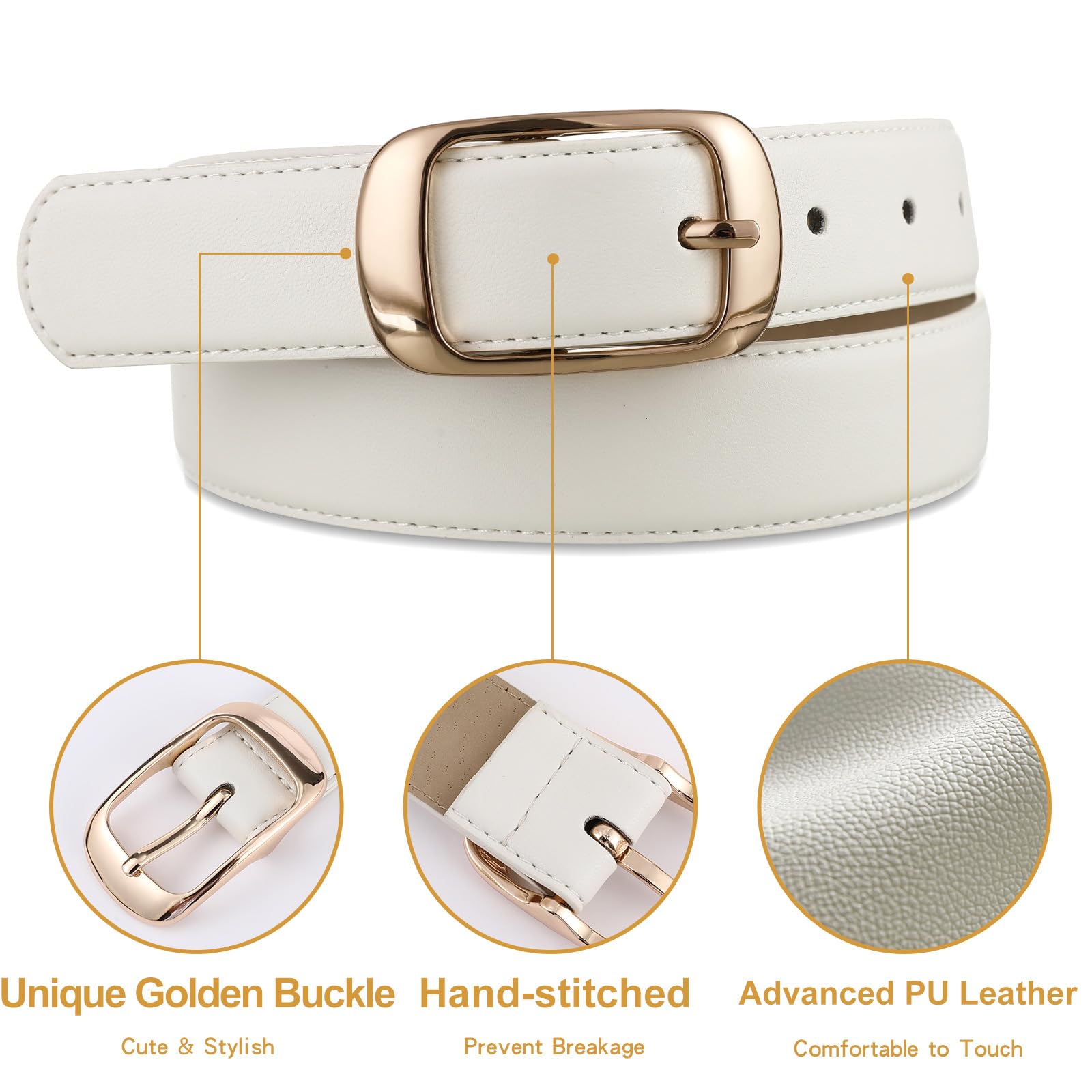 RISANTRY Womens White Belts with Gold Buckle, White Leather Belts for Women Dressy, Ladies White Fashion Waist Belt for Pants