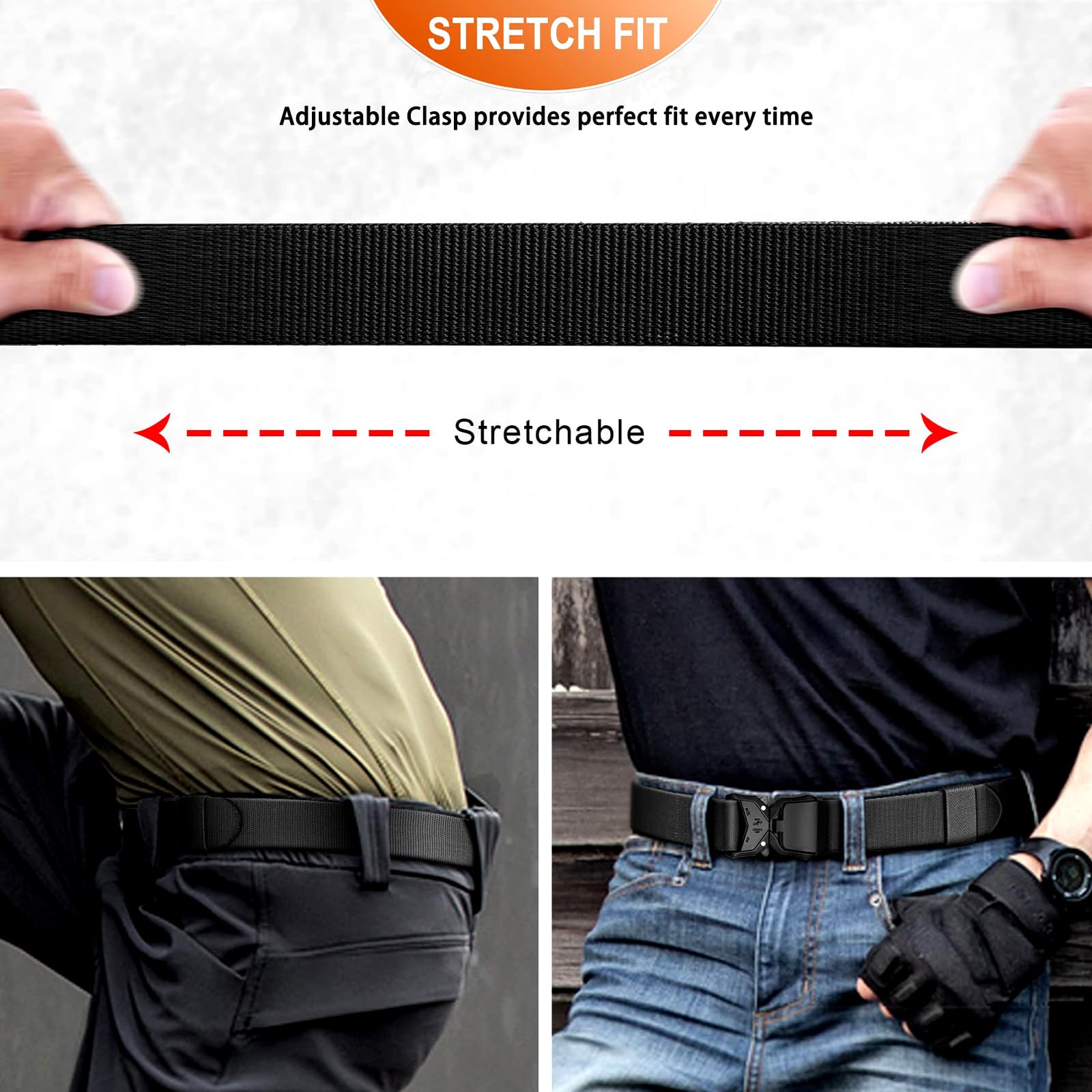 YWHCHI Belt Men's Stretch Nylon Belt - Ideal for Hiking, Work Adjustable Web tactical Belt (Black, L(for fits Pant Size 36''-38''))