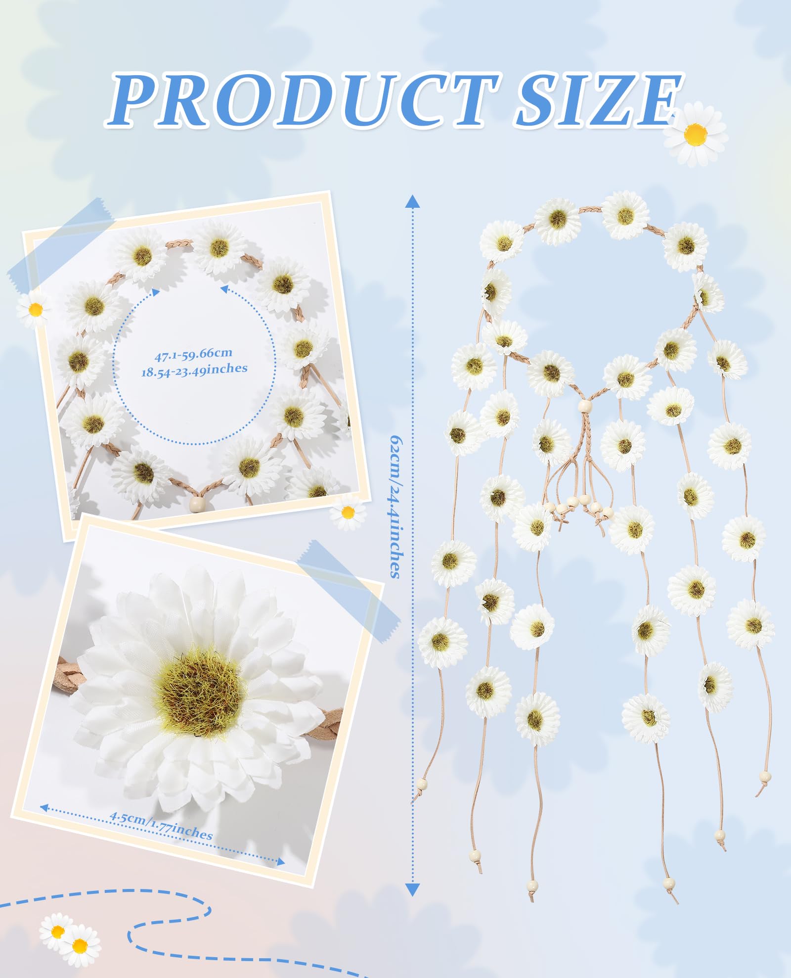 CHLINS Hippie Headband Flower Crown Bohemian Sunflower Headband Flower Headpiece Hippie Costume 60s 70s Outfits for Women (White)