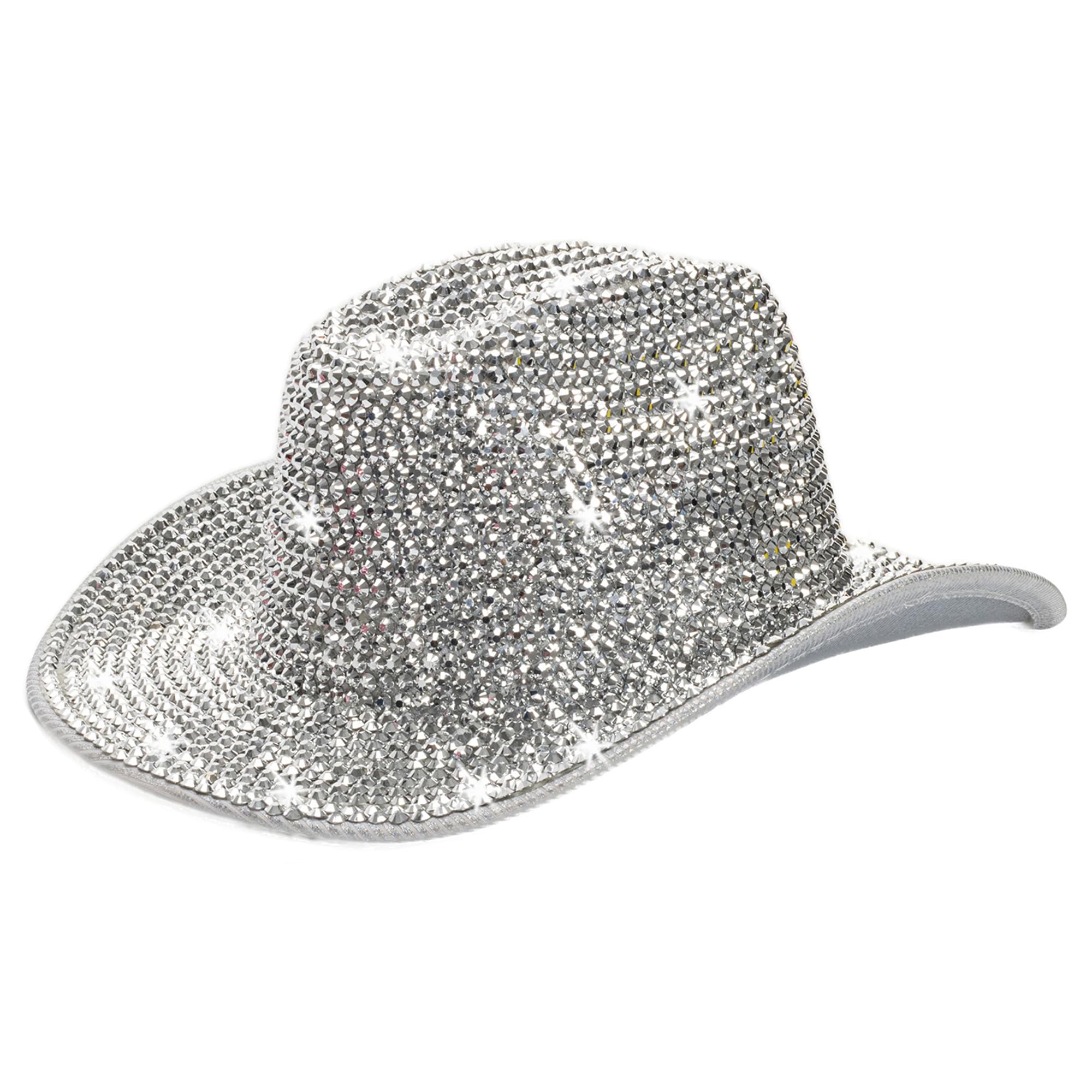 Silver Rhinestone Western Cowboy Hat for Womens - Glitter Cowgirl Hat for Disco Parties and Costumes