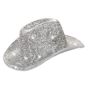 silver rhinestone western cowboy hat for womens - glitter cowgirl hat for disco parties and costumes