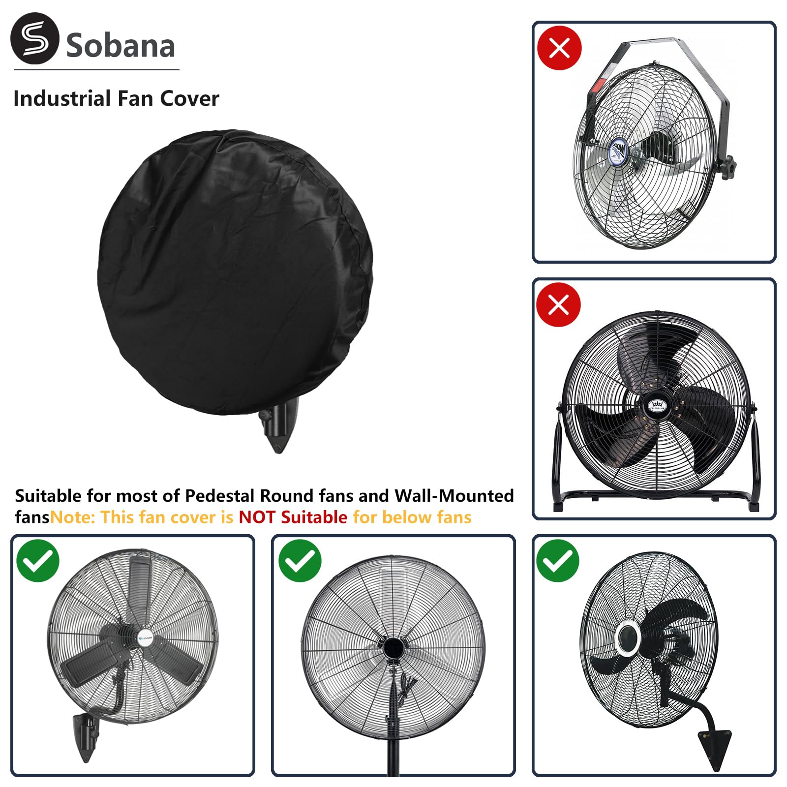 Sobana Wall Mount Fan Cover,Suitable for 24 Inch Industrial Fan and Pedestal Fan,Waterproof Dust Proof Proof Anti-UV Outdoor Fan Covers,Black