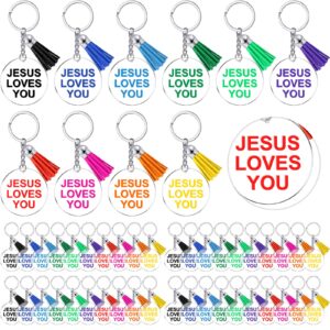 Ferreve 100 Pcs Jesus Loves You Acrylic Keychains with Tassels Christian Gifts Bulk Operation Christmas Supplies Religious Keychain for Women Church Christian Gift