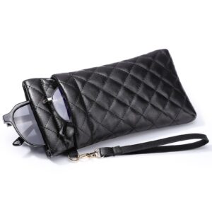 moko double eyeglasses pouch with carrying strap, soft pu leather large squeeze top portable sunglass case with cleaning cloth for women men, black