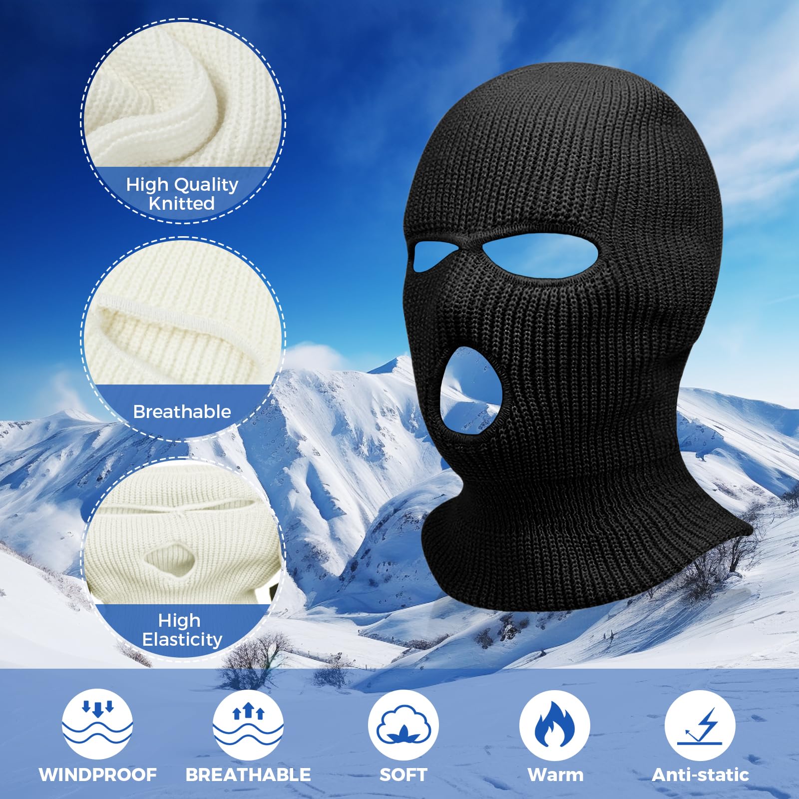 3 Hole Winter Knitted Mask, Full Face Cover Ski Scarf Mask Warm Balaclava for Adult Skiing, Motorcycle, UV Protection, Wind Protection 1234 Black