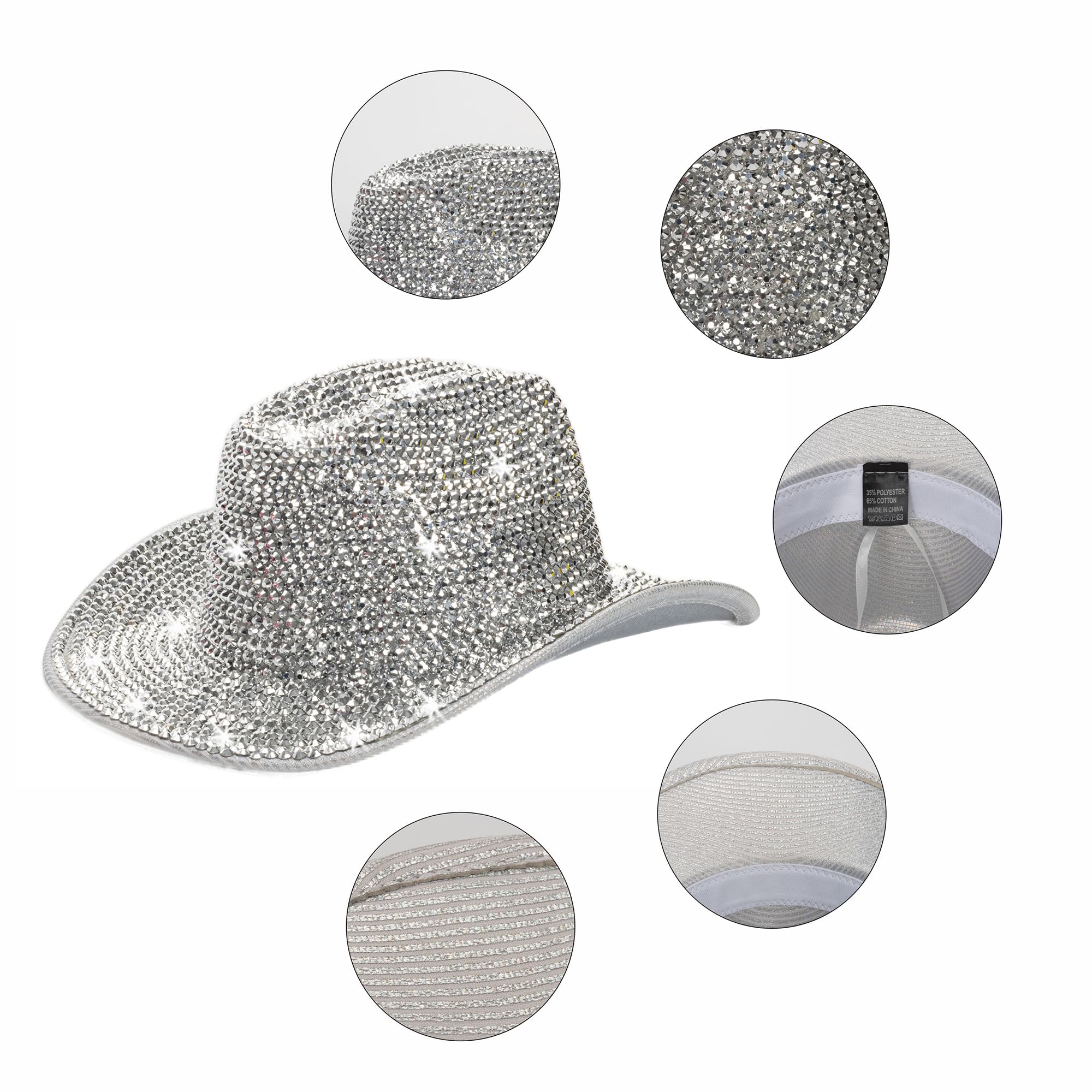 Silver Rhinestone Western Cowboy Hat for Womens - Glitter Cowgirl Hat for Disco Parties and Costumes