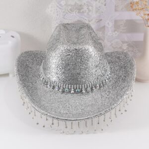 QWINEE Cowboy Hat for Adult Wide Brim Solid Color Western Cowboy Hat with Fringed Rhinestone Novelty Funny Party Cowgirl Hat Silver one-Size