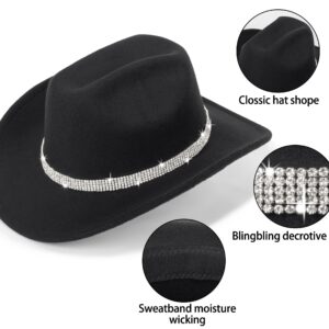 Five Rows Rhinestones-Cowboy-Cowgirl-Hat - Roll Wide Brim Western-Hat for Wedding Music Costume Party (Fit for M-L) Black