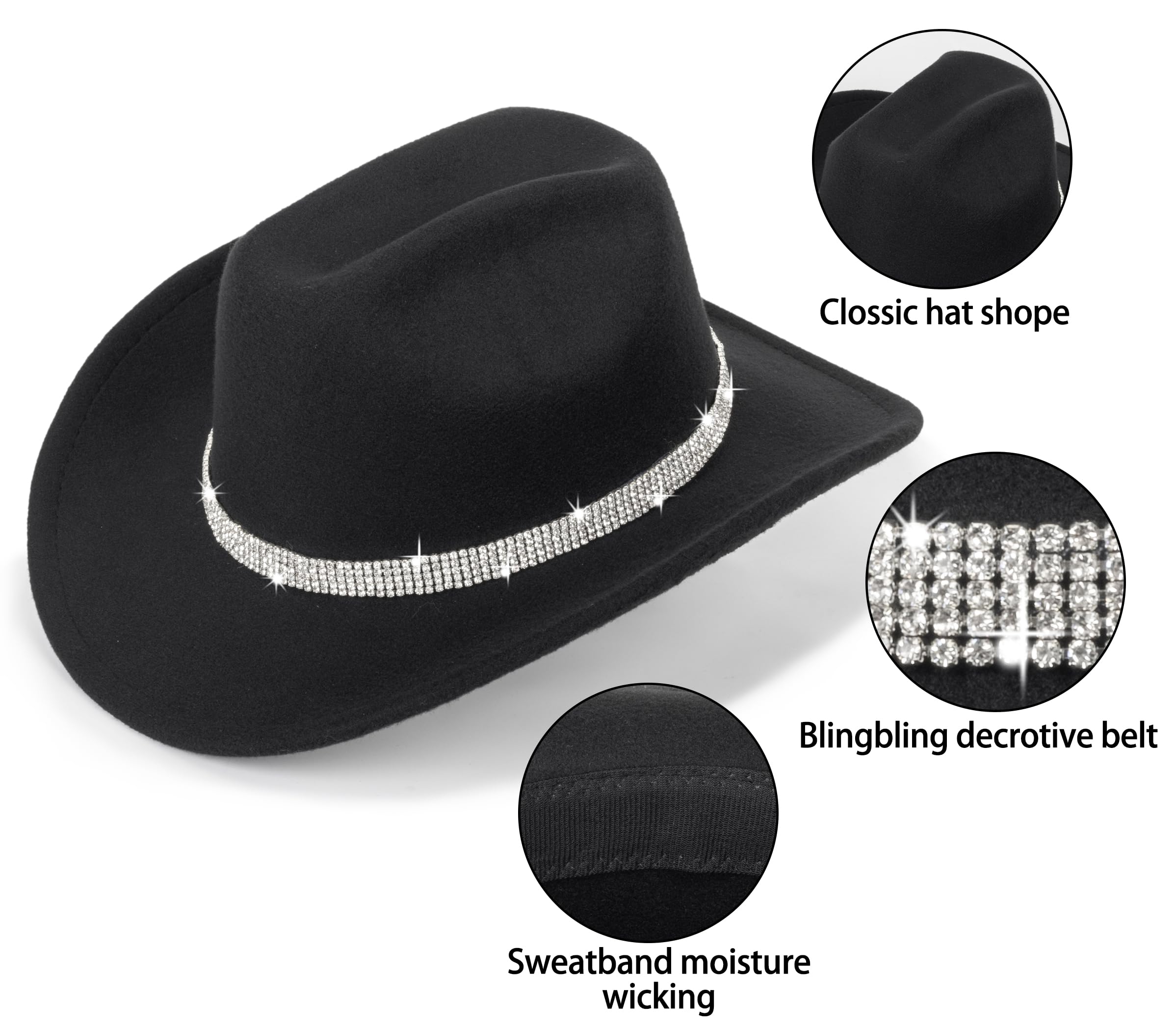 Five Rows Rhinestones-Cowboy-Cowgirl-Hat - Roll Wide Brim Western-Hat for Wedding Music Costume Party (Fit for M-L) Black