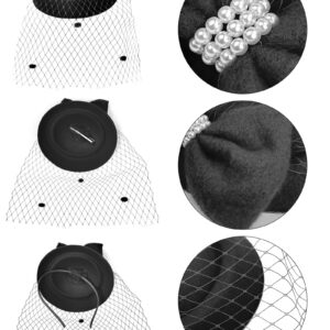 Bniksok Black Fascinators Hats with Veil for Women Vintage Halloween Pillbox Hat 1920s 50s Gatsby Cocktail Tea Party Headwear, Lace Gloves Pearl Necklace