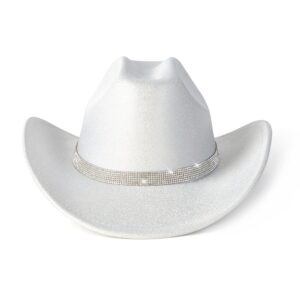 Gossifan Women Men Wide Brim Cowboy Hats with Rhinestone Buckle for Party Disco Sparkly Cowgirl Hat-Silver