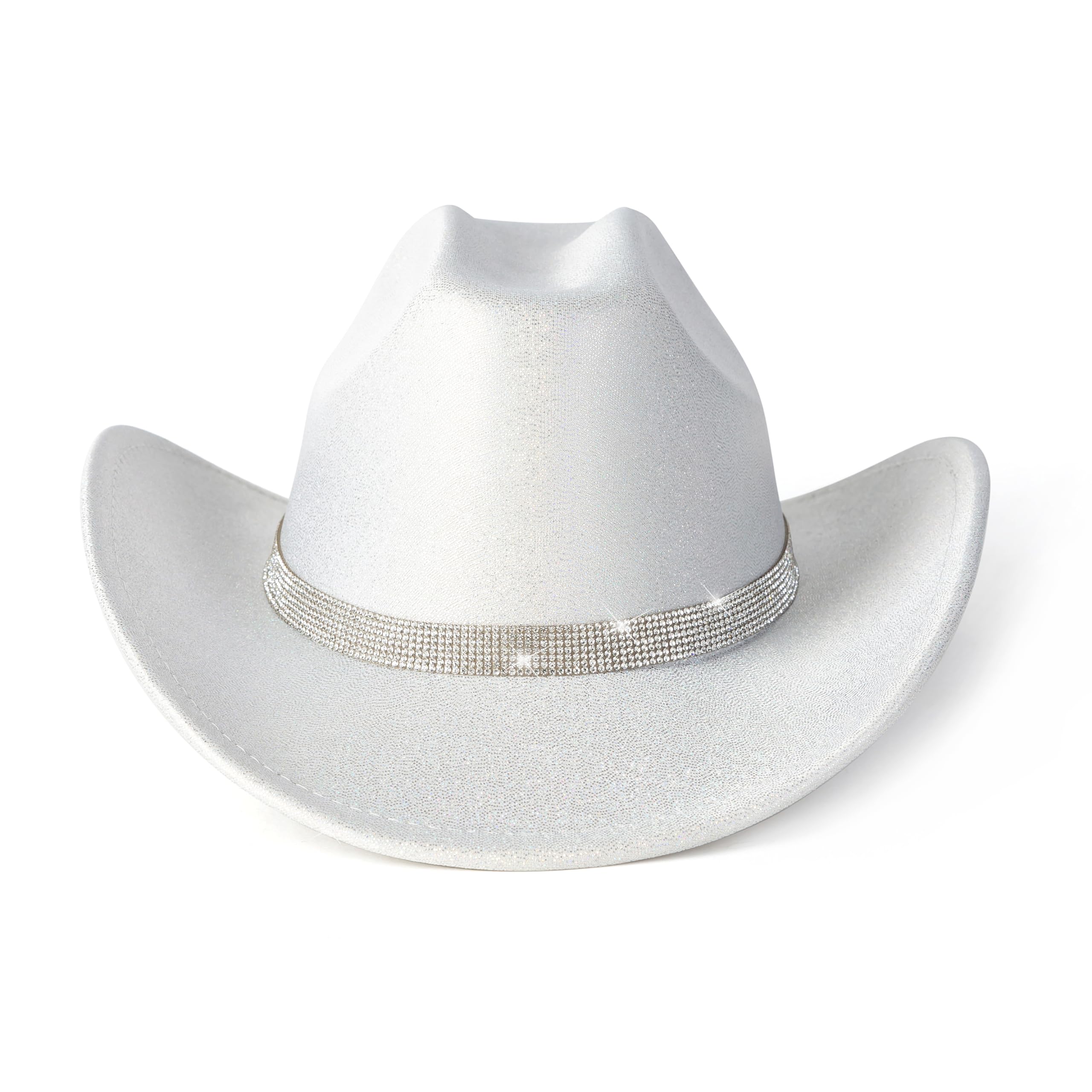 Gossifan Women Men Wide Brim Cowboy Hats with Rhinestone Buckle for Party Disco Sparkly Cowgirl Hat-Silver