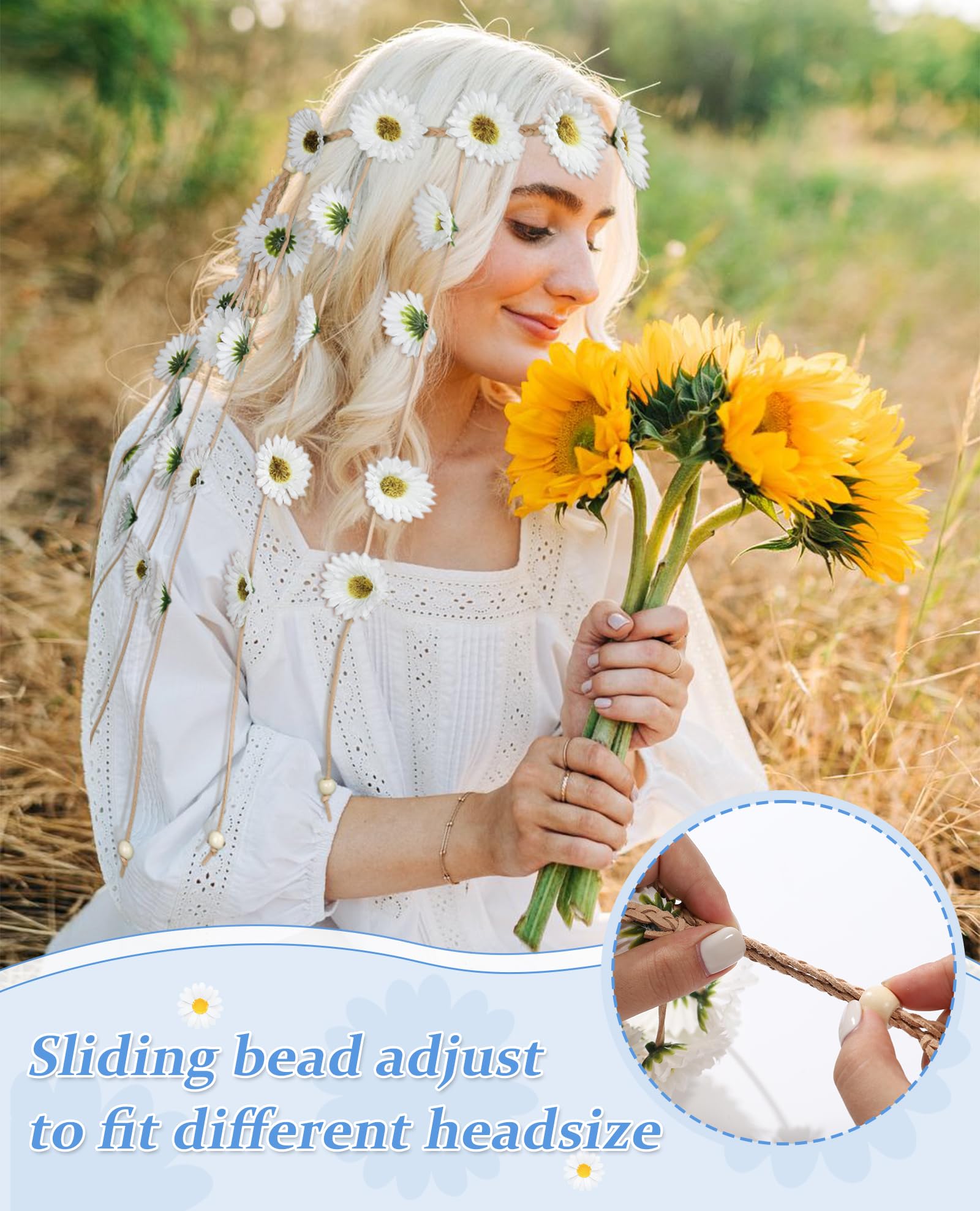 CHLINS Hippie Headband Flower Crown Bohemian Sunflower Headband Flower Headpiece Hippie Costume 60s 70s Outfits for Women (White)