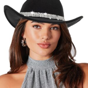 Five Rows Rhinestones-Cowboy-Cowgirl-Hat - Roll Wide Brim Western-Hat for Wedding Music Costume Party (Fit for M-L) Black