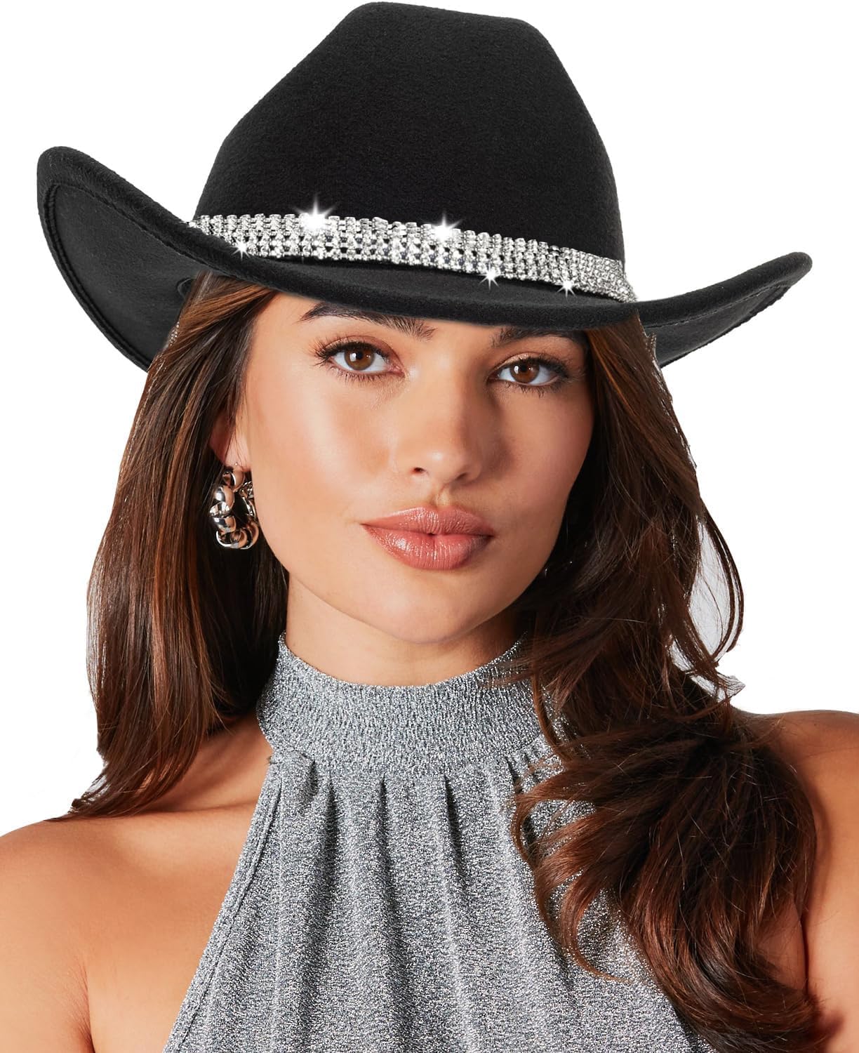 Five Rows Rhinestones-Cowboy-Cowgirl-Hat - Roll Wide Brim Western-Hat for Wedding Music Costume Party (Fit for M-L) Black