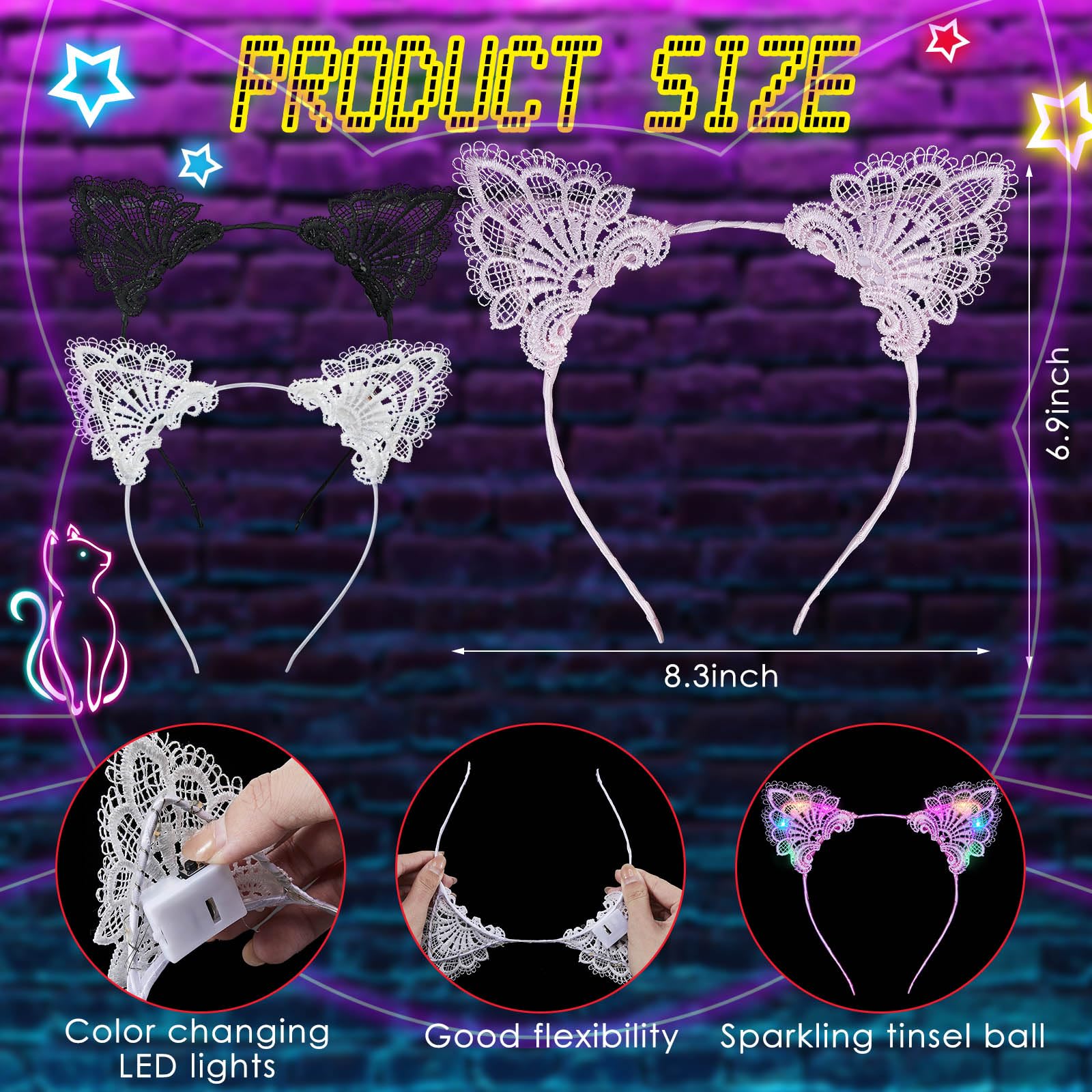 Juexica 12 Pcs Lace LED Ears Headband, Cat Ears Glow Light up Headband Pack for Women Girls, Halloween Party Accessories Favors, Black, White, Pink