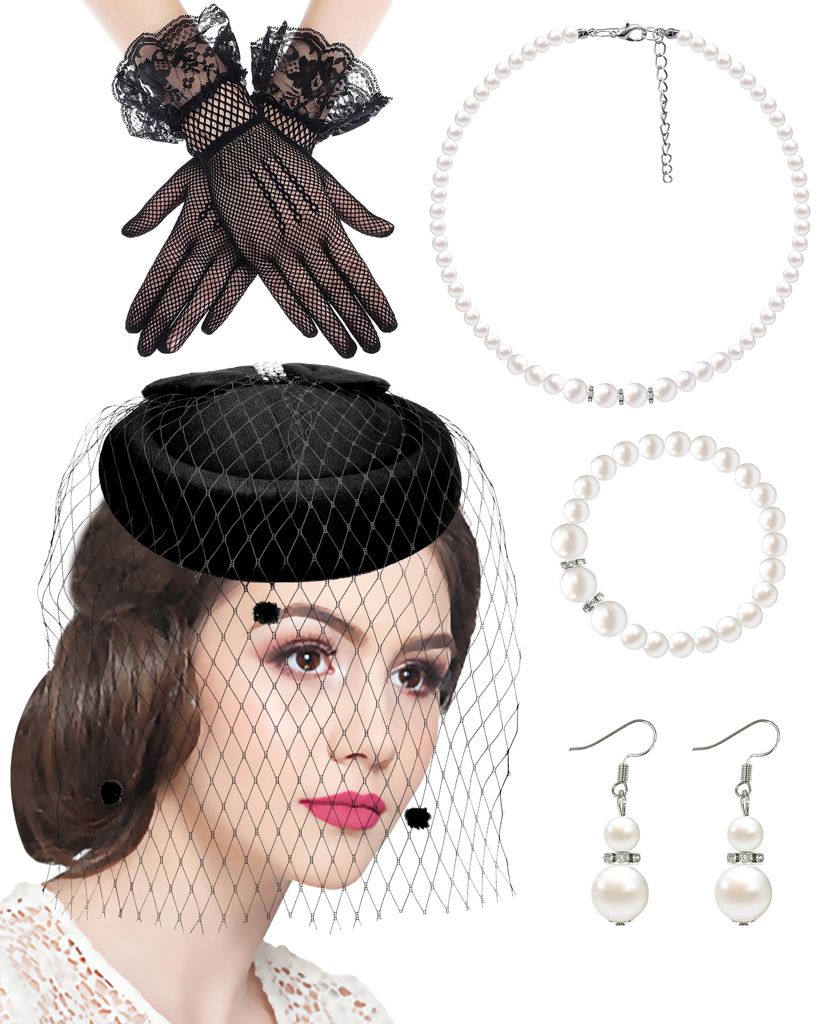 Bniksok Black Fascinators Hats with Veil for Women Vintage Halloween Pillbox Hat 1920s 50s Gatsby Cocktail Tea Party Headwear, Lace Gloves Pearl Necklace