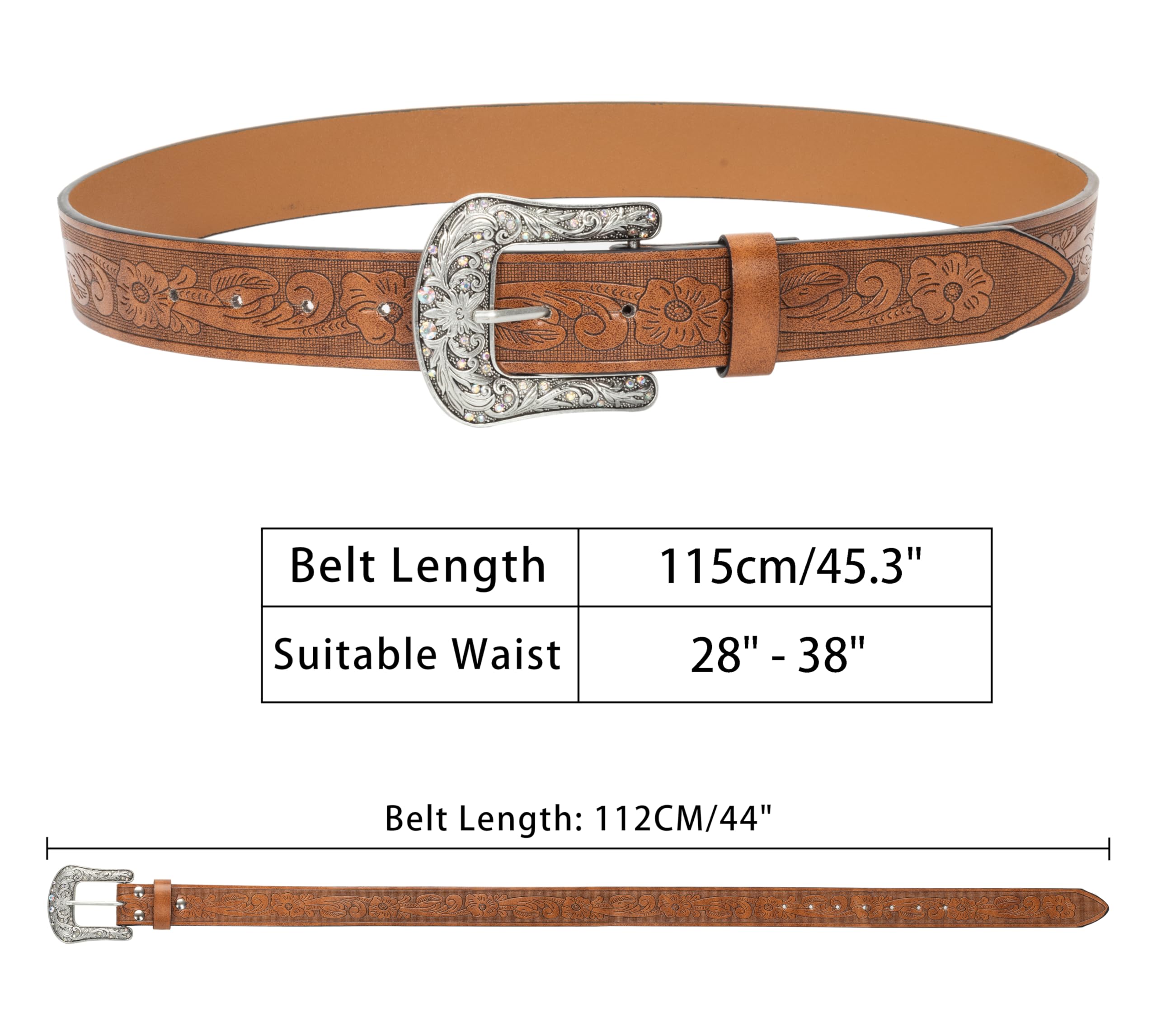 Eohak Western-Belt-for-Women-Cowgirl, PU-Leather-Waist-Belts with Vintage-Carved-Buckle and Tips-Ends for Jean Dress