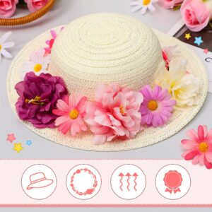 Mepase 70 Pcs DIY Straw Hat with Flower Girls Tea Party Straw Hat 10 Straw Hat 60 Airtificial Flower Cowboy Kids Dress Up Hat (Colorful,Small (Age 2-5))