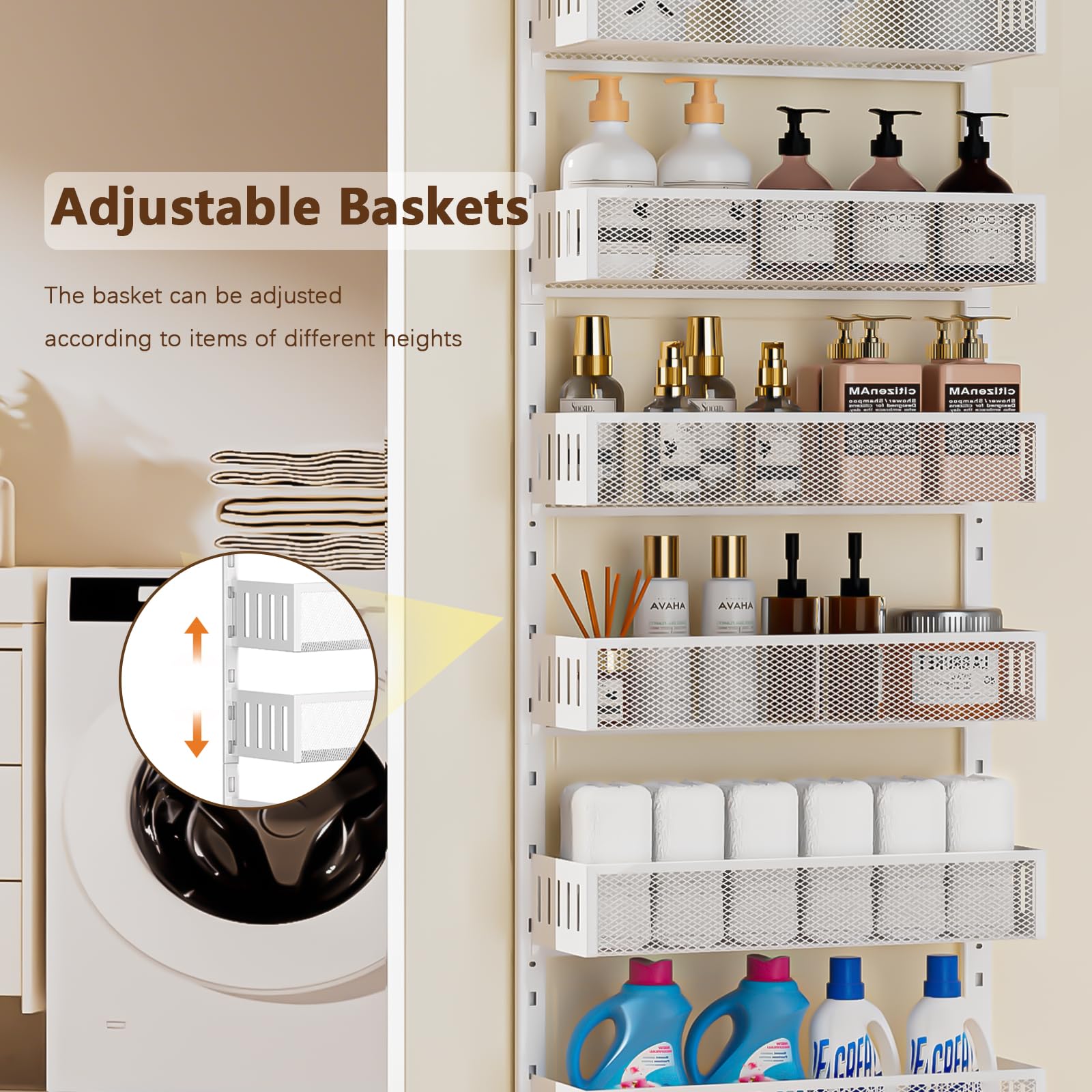 DAOTENGQL 6-Tier Over The Door Pantry Organizer with Mesh Baskets, Adjustable & Stable Hanging Spice Rack for Kitchen, Bathroom, Bedroom, and Baby Essentials Storage (16" W 6-Tiers, White)