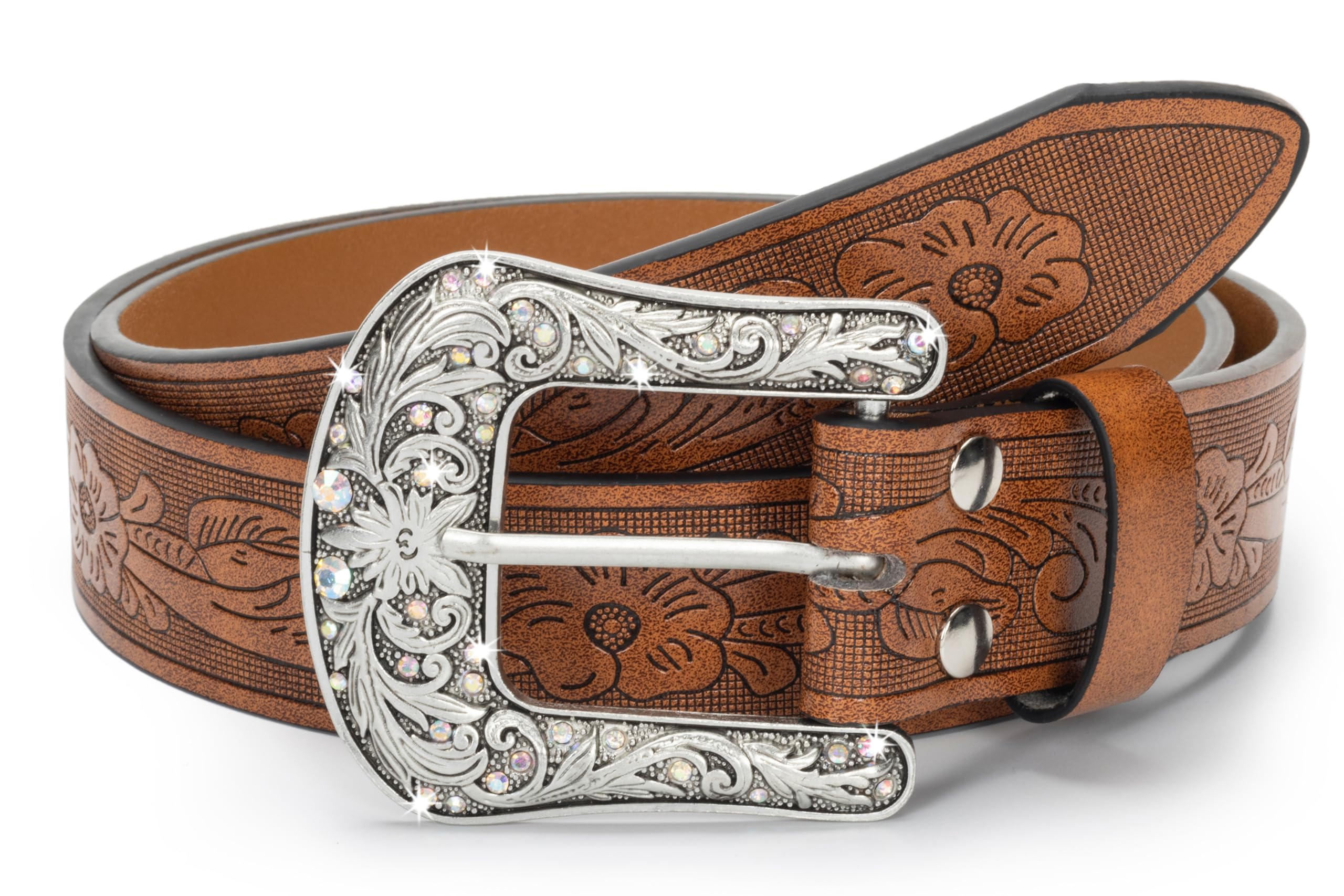 Eohak Western-Belt-for-Women-Cowgirl, PU-Leather-Waist-Belts with Vintage-Carved-Buckle and Tips-Ends for Jean Dress