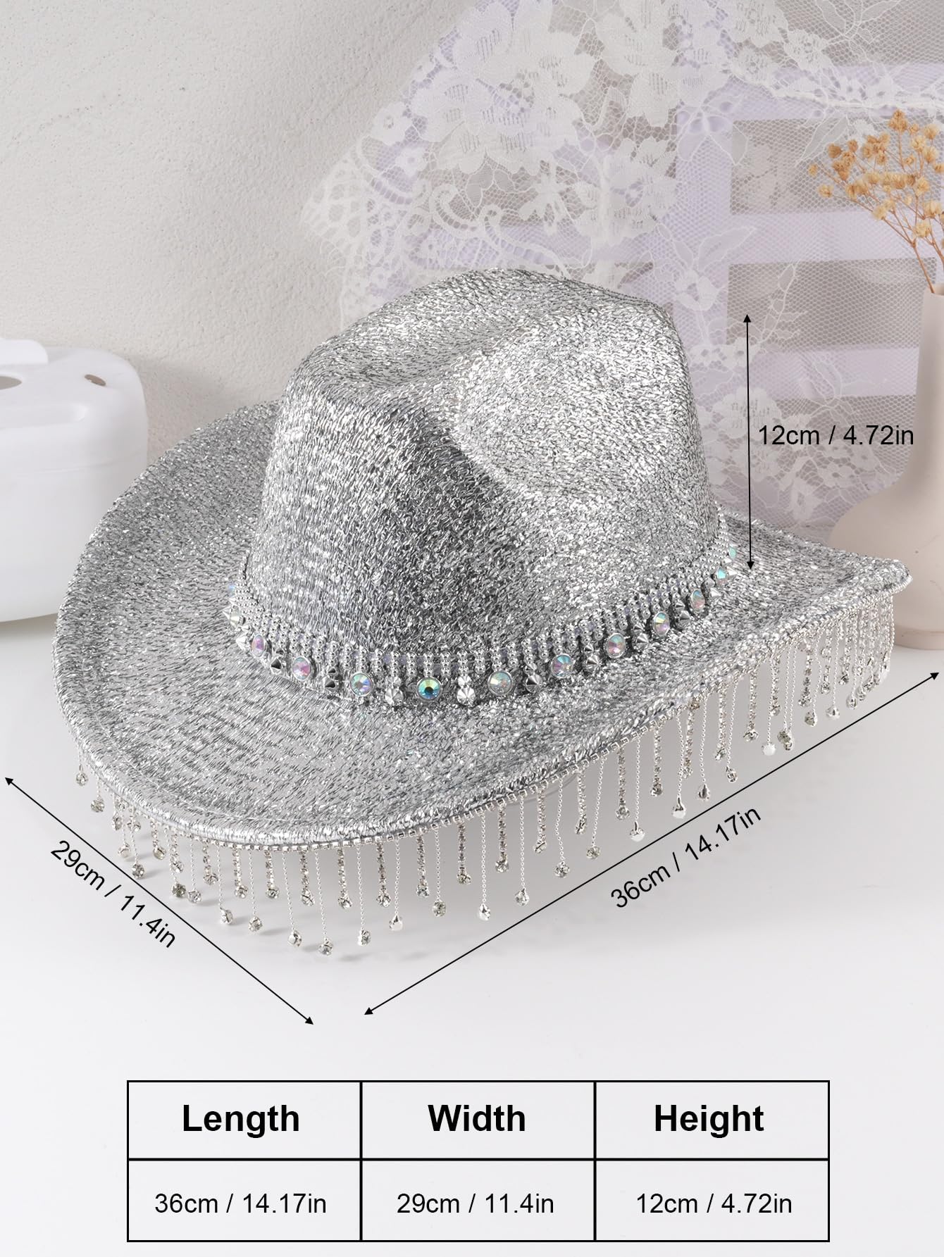 QWINEE Cowboy Hat for Adult Wide Brim Solid Color Western Cowboy Hat with Fringed Rhinestone Novelty Funny Party Cowgirl Hat Silver one-Size