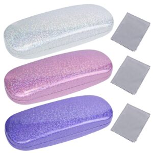 3 piece glasses case hard shell,estuche para lentes protective reading eyeglass case with cleaning cloth for women,men (purple, pink, white)