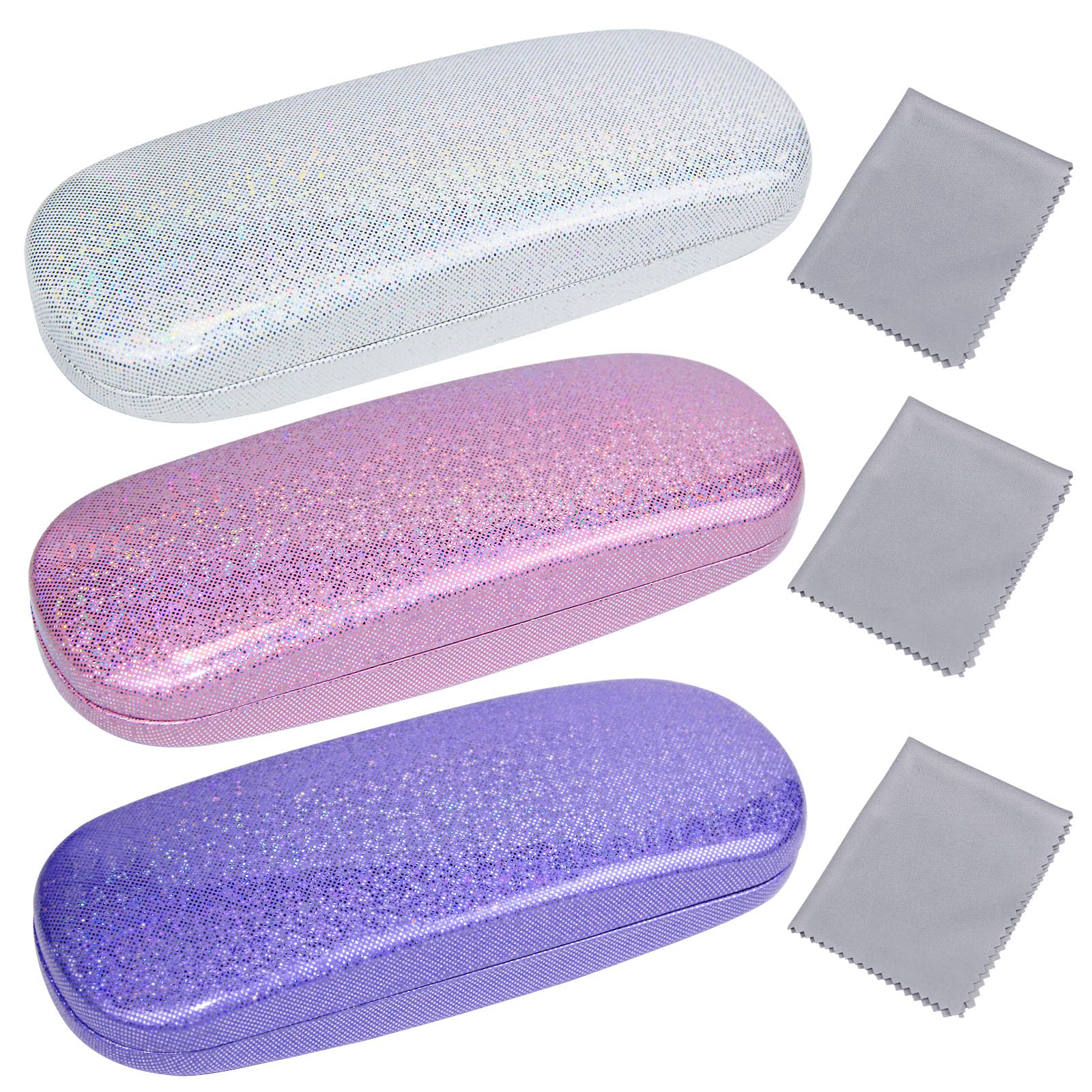 3 Piece Glasses Case Hard Shell,Estuche para Lentes Protective Reading Eyeglass Case with Cleaning Cloth for Women,Men (Purple, pink, white)