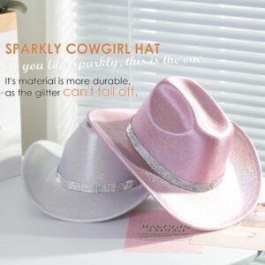 Gossifan Women Men Wide Brim Cowboy Hats with Rhinestone Buckle for Party Disco Sparkly Cowgirl Hat-Silver