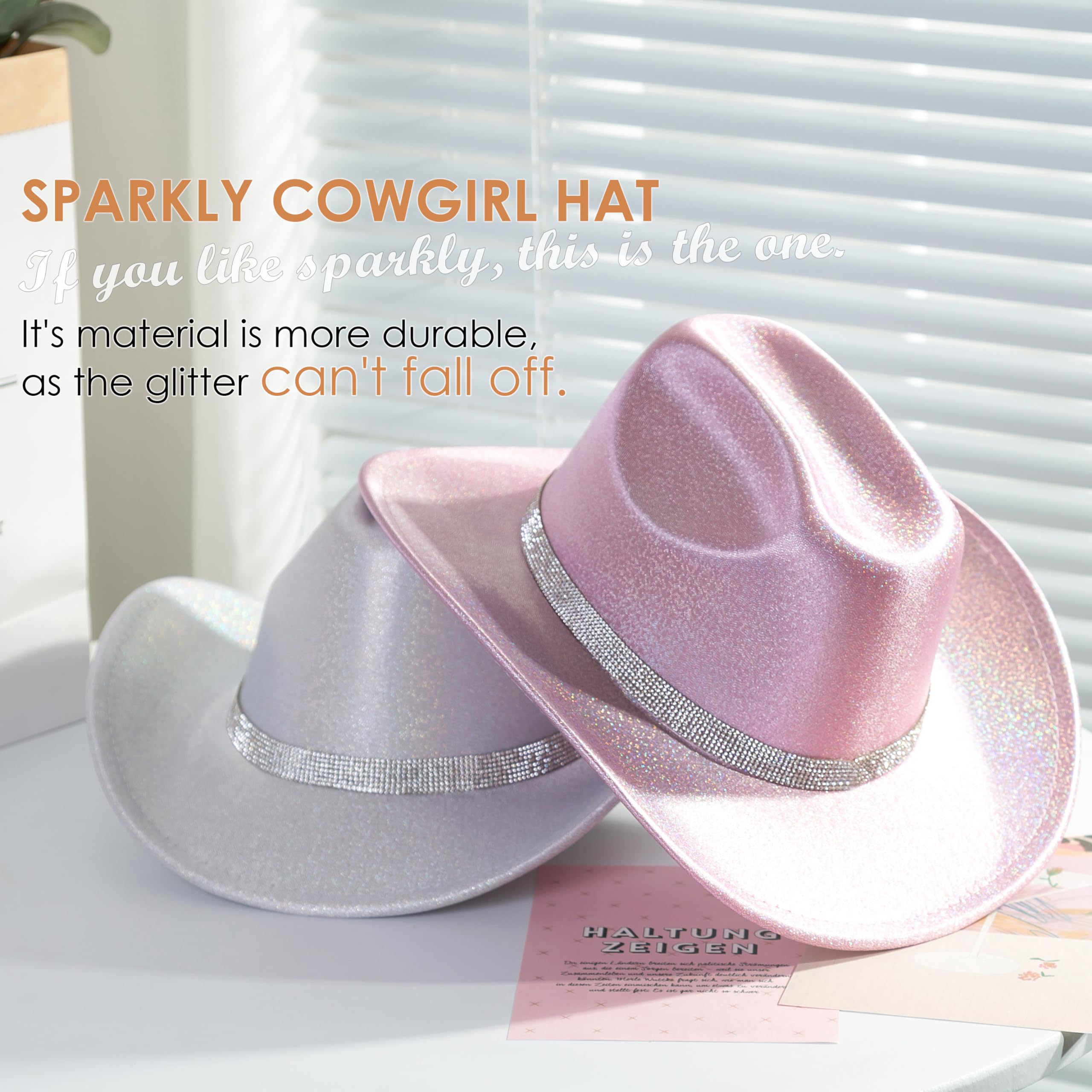 Gossifan Women Men Wide Brim Cowboy Hats with Rhinestone Buckle for Party Disco Sparkly Cowgirl Hat-Silver