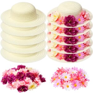 mepase 70 pcs diy straw hat with flower girls tea party straw hat 10 straw hat 60 airtificial flower cowboy kids dress up hat (colorful,small (age 2-5))